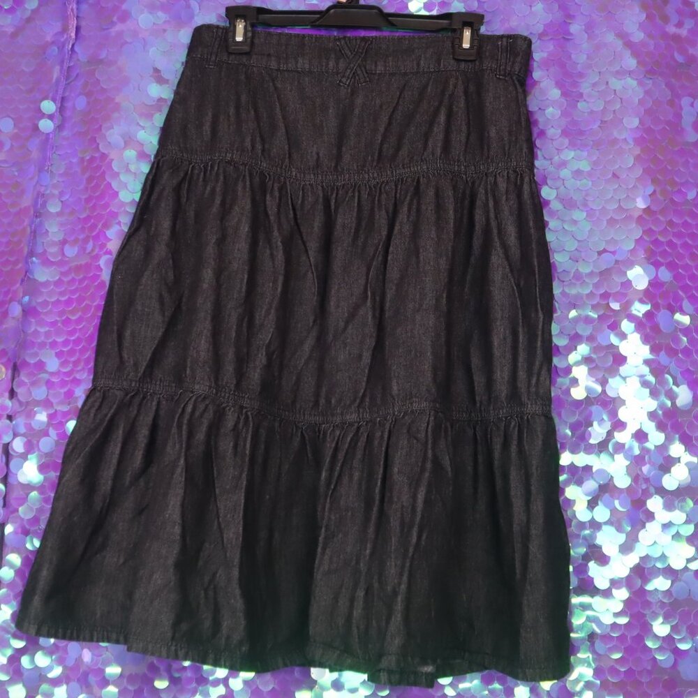 DARK DENIM SKIRT 8 Tiered Buttons Long Maxi A-line Casual Spring Summer Travel - Picture 11 of 12